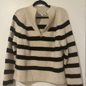 ZARA Black & Cream striped quarter zip sweater